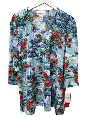 C.D. DANIELS Womens Top Plus Size 3X Tropical Sailboats Stretch Knit Tunic NWT